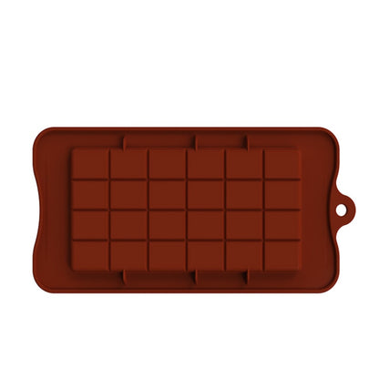 A rectangular chocolate bar silicone mold in a rich brown color, featuring multiple square cavities arranged in a grid pattern. The mold has a decorative edge and a small hanging hole on one side.