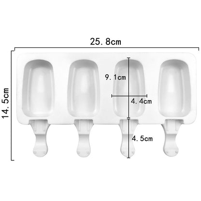 The image features a white silicone ice cream mold designed to create four cavity-shaped popsicles. Each cavity has a long handle for easy removal. The dimensions displayed include a width of 25.8 cm and a height of 14.5 cm, with individual cavity measurements indicating a depth of 9.1 cm and varying widths of 4.4 cm and 4.5 cm. The mold is simple in design and intended for making frozen treats.