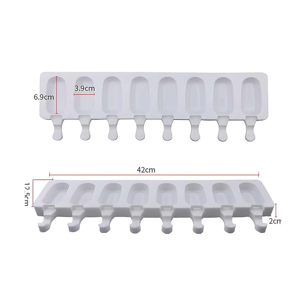 Two white silicone ice pop molds shown from the front and side. Each mold accommodates eight popsicles. Dimensions are labeled in centimeters.