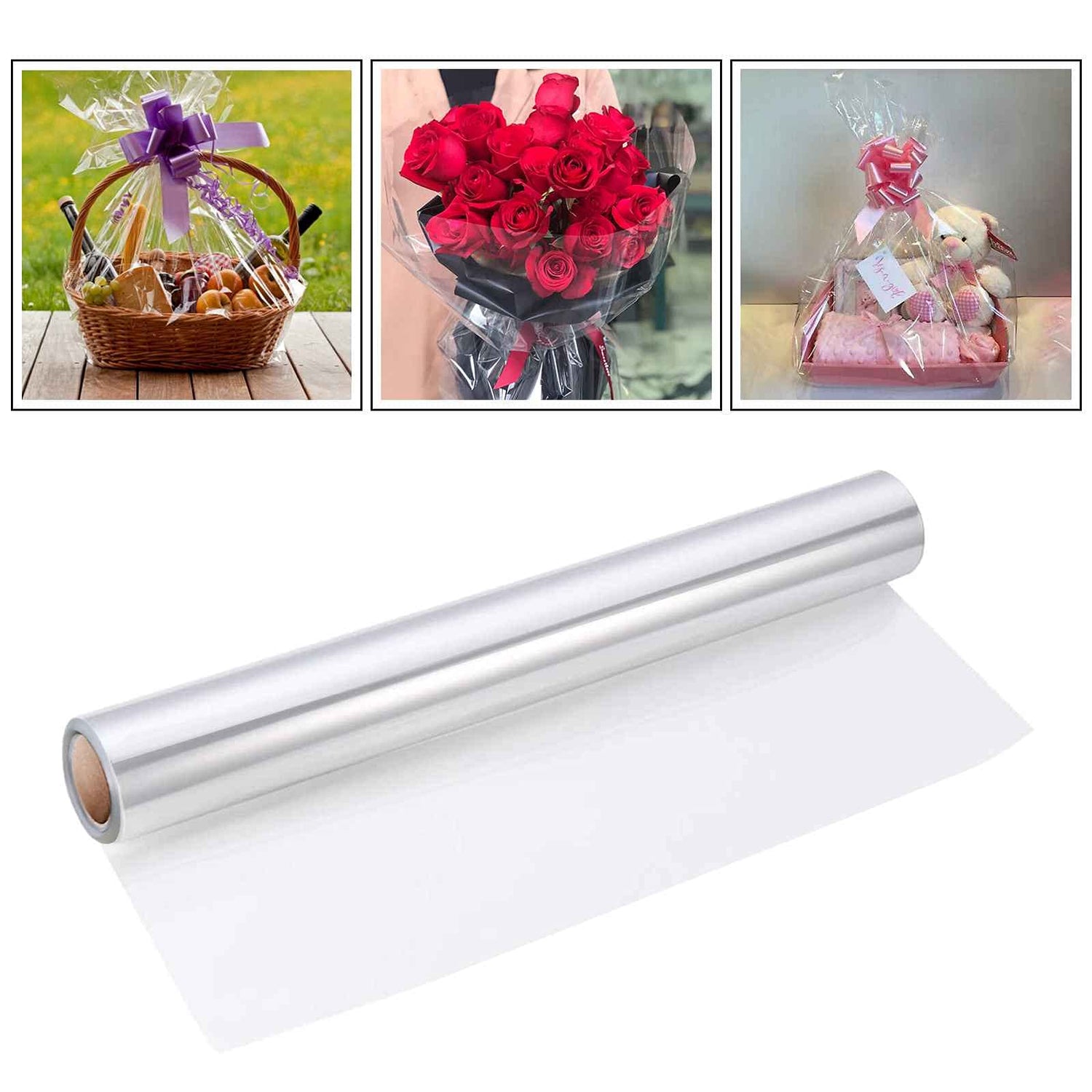 A clear cellophane wrap roll alongside examples of its use on gifts and bouquets.