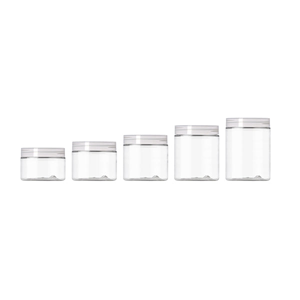 A set of five clear plastic jars with transparent bodies and screw-on lids arranged in ascending size order, ideal for storage or packaging