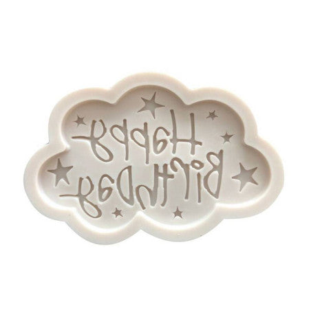 An off-white silicone mold shaped like a cloud, featuring the text "Happy Birthday" in a playful, whimsical font. The design includes small star motifs scattered around the lettering.