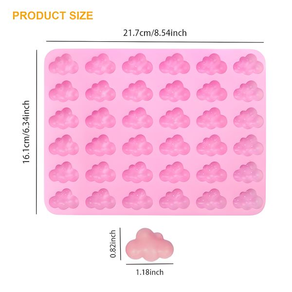 A pink silicone mold featuring cloud-shaped cavities, designed for creating small cloud-shaped treats or decorations. The mold contains multiple cloud shapes arranged in rows. The dimensions of the mold are approximately 21.7 cm by 16.1 cm (8.54 inches by 6.34 inches), with a single cloud shape measuring about 0.82 inches in height and 1.18 inches in width. The product also includes a size reference for better understanding.