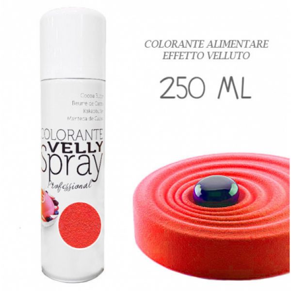 A vertical spray can titled &quot;COLORANTE VELLY Spray&quot; with a white background. The can contains a red food coloring spray with a label indicating it is 250 ml. Next to the can is a circular object made of red velvet-like material, topped with a blue gem. The image also features text in Italian that says &quot;COLORANTE ALIMENTARE EFFETTO VELLUTO.&quot;