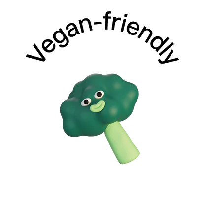 The image shows a cartoonish, stylized representation of a broccoli. It features a green, fluffy head with a smiling face, including eyes and a mouth, attached to a light green stem. The overall appearance is playful and whimsical.
