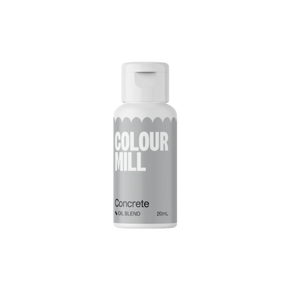 A 20ml bottle of Colour Mill oil-based food color labeled "Concrete." The bottle has a white cap and features a grey design with the brand name "COLOUR MILL" prominently displayed in white text. The word "Concrete" is also printed in black text below, along with "OIL BLEND" and the volume of 20mL. The background is plain and unobtrusive.