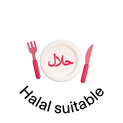 The image features a white plate with the word "????" (halal) written in red, accompanied by a pink fork and a pink knife positioned on either side of the plate. The background is black.