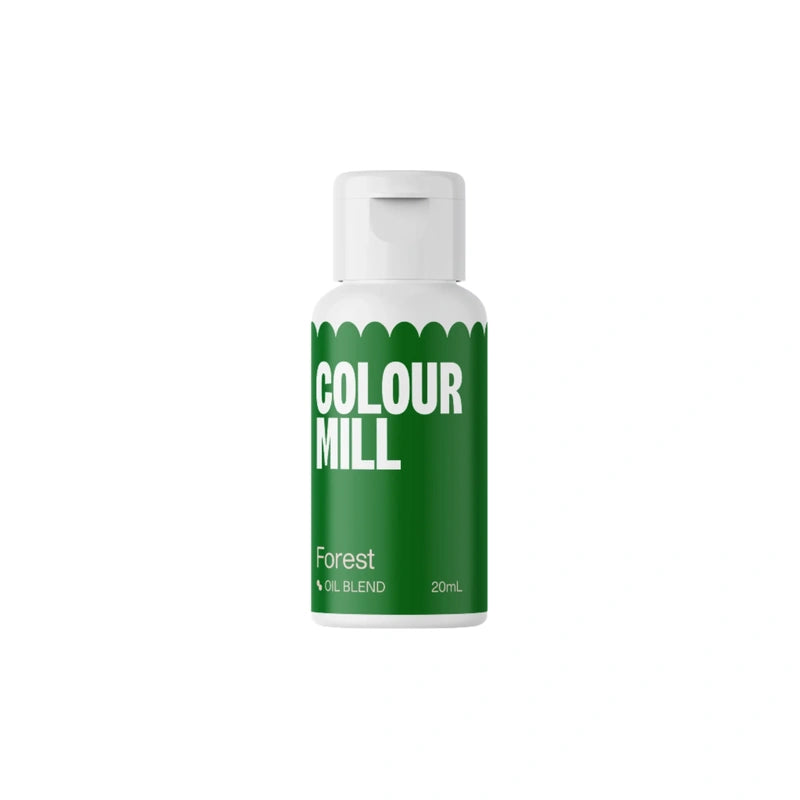 A bottle of oil-based food coloring from Colour Mill, labeled "Forest" in large white letters. The bottle features a green design with a white cap, and has the text "Oil Blend" and "20ml" printed on it. The background is plain and dark, highlighting the product.