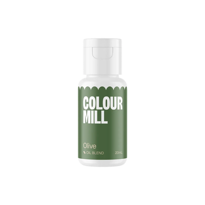 A bottle of Colour Mill Olive Oil Blend against a black background. The label is green with bold white text, conveying a simple and modern design.