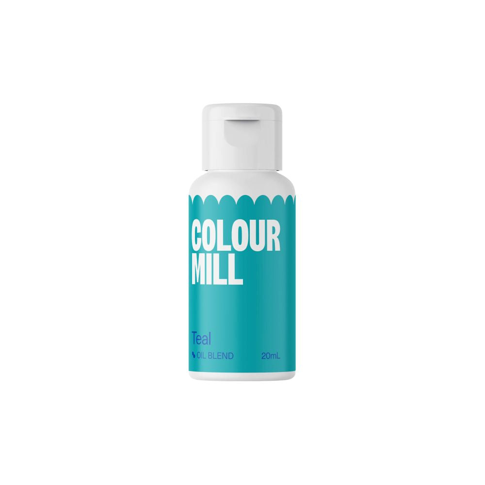A teal-colored bottle labeled "Colour Mill" with a white cap. The text in bold white font conveys a modern and vibrant tone. The bottom reads "Teal" and "Oil Blend 20 mL."