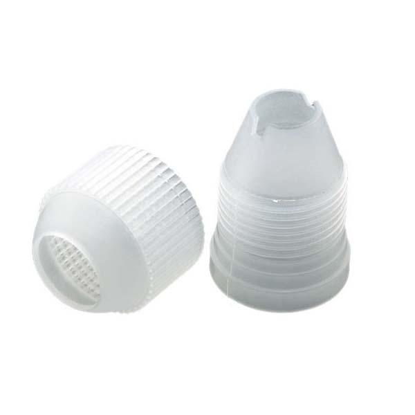 Two small plastic couplers are shown in the image. One is cylindrical with a ribbed surface and a textured base, while the other has a conical shape with a smooth surface and a cut-out section at the top. Both are made of transparent, flexible material and are designed for connecting various elements in a system.