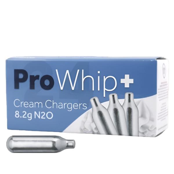 Box of Pro Whip cream chargers labeled 8.2g N2O, featuring an image of four silver charger cartridges and a single cartridge placed in front of the box. The design is clean with a blue and white color scheme.