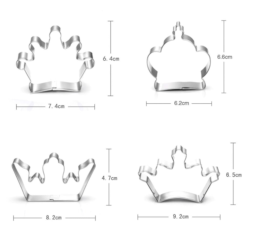 Four distinct crown cookie cutters, each in a different size, positioned on a light-colored background.