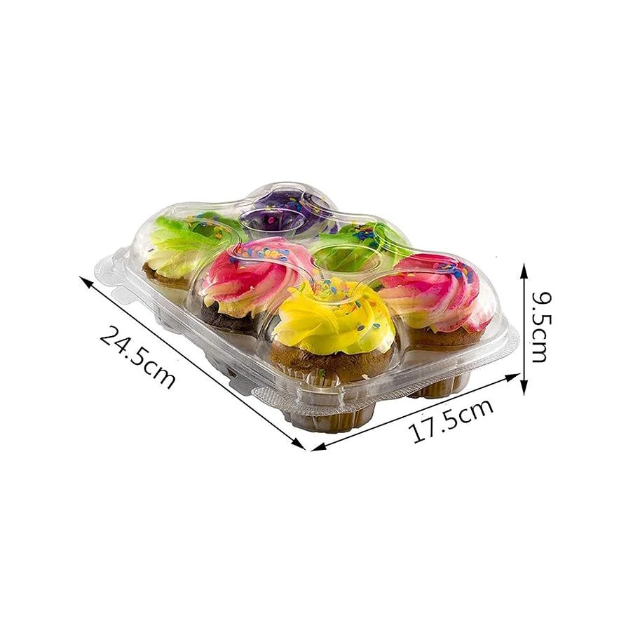 A clear plastic container holds six colorful frosted cupcakes with sprinkles. Dimensions are shown: 24.5cm by 17.5cm by 9.5cm. Bright and festive.