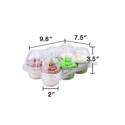 A clear plastic container holds four cupcakes topped with colorful frosting. Measurements show dimensions: 9.8" wide, 7.5" deep, 3.5" high, and 2" per cupcake.