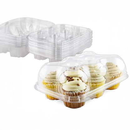 Transparent plastic cupcake containers are shown. Stacked in the background, one container in front holds five frosted cupcakes, creating a fresh and inviting look.