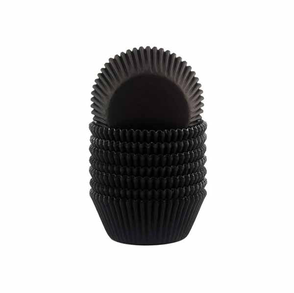 A stack of black cupcake liners, with five liners positioned upright and one on top, showcasing a ridged texture. The liners are conical in shape and designed for holding cupcakes or muffins. This image represents a product offering 100 pieces.