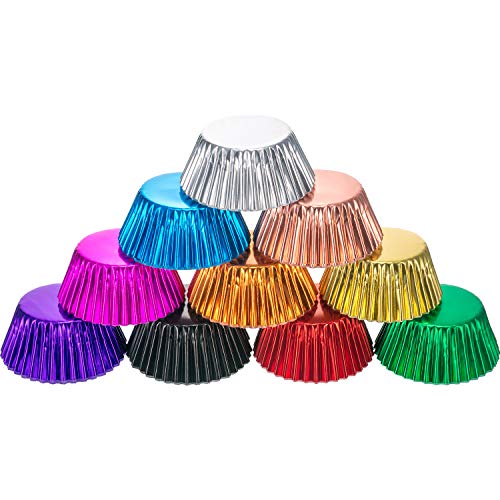 A stack of colorful standard paper baking cups arranged in a pyramid shape. The cups feature metallic finishes in various colors, including blue, pink, orange, yellow, black, green, and white. Each cup has a fluted design, with the shiny exteriors creating a vibrant display. There are a total of ten cups visible in the image.