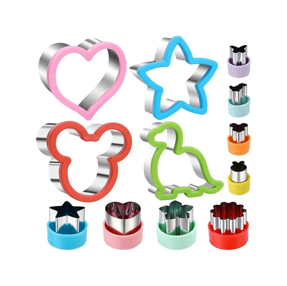 Assorted cookie cutters featuring different shapes like stars, hearts, and flowers, displayed on a kitchen countertop.