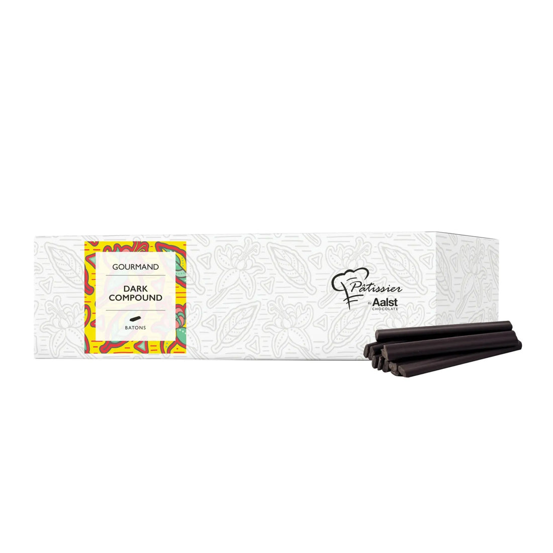 Packaged dark chocolate compound with a white background