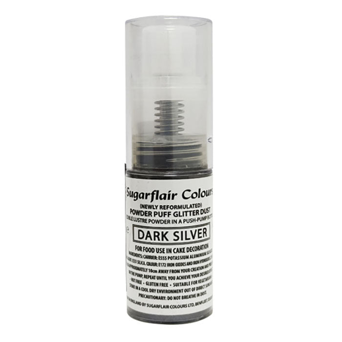 Product image of Sugarflair Edible Glitter Dust Spray in Dark Silver. The container is a small, transparent spray bottle with a white cap. The label features the product name ?Sugarflair Colours? and indicates it is a powder puff glitter dust, specially formulated for food use, particularly in cake decoration. The label also includes usage instructions and safety information. The overall design is sleek and practical for easy application.