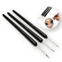 "Three thin decorating brushes with black handles and fine tips, arranged horizontally. An inset image shows a hand using one of the brushes to paint a detailed design on a doll&