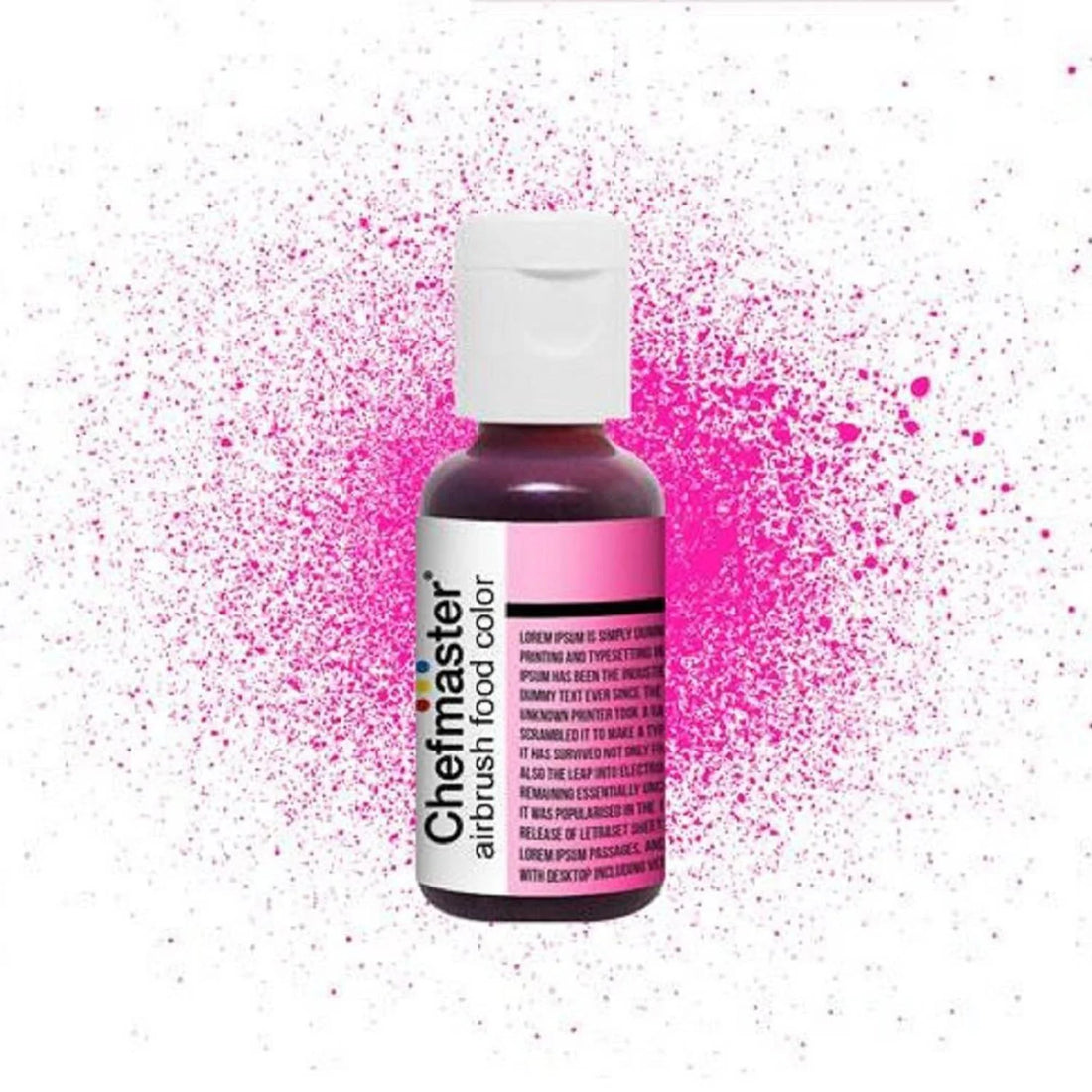 A bottle of Chefmaster Airbrush Food Color in Deep Pink, 20g. The bottle features a white cap and a label with black and pink text detailing the product name. The background has a splatter effect in a bright pink color.