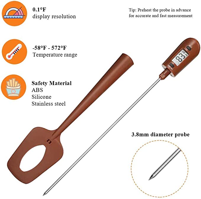 An image of a digital spatula candy thermometer features a brown spatula with a long stainless steel probe. The spatula includes a digital display on the handle showing temperature readings. Key details listed around the spatula include: a display resolution of 0.1°F, a temperature range from -58°F to 572°F, safety materials (ABS, silicone, stainless steel), and a probe diameter of 3.8mm. A tip suggests preheating the probe for accurate and fast measurements.