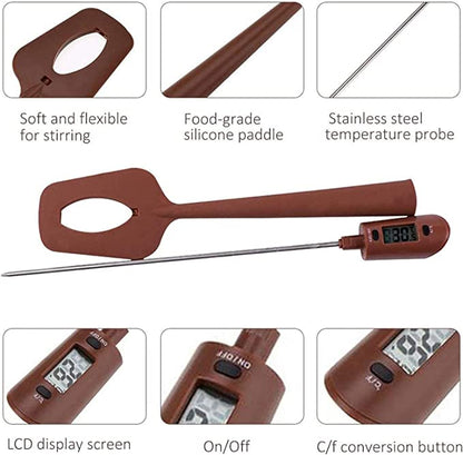 An image of a digital spatula candy thermometer, featuring a soft, flexible brown silicone paddle and a stainless steel temperature probe. The thermometer has an LCD display screen, an on/off button, and a Celsius/Fahrenheit conversion button, suitable for candy making.