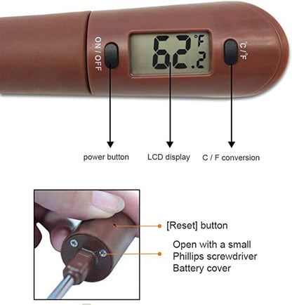 An image of a digital spatula candy thermometer featuring a brown handle. It has an LCD display showing a temperature of 62°F, with labeled buttons for power, Celsius/Fahrenheit conversion, and a reset button. The bottom section depicts a hand holding the thermometer, pointing to the battery cover, which requires a small Phillips screwdriver to open.