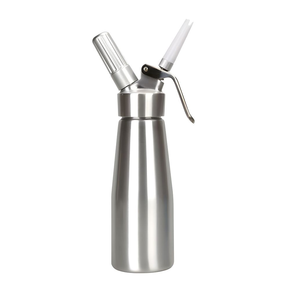 Stainless steel whipped cream dispenser on a white background