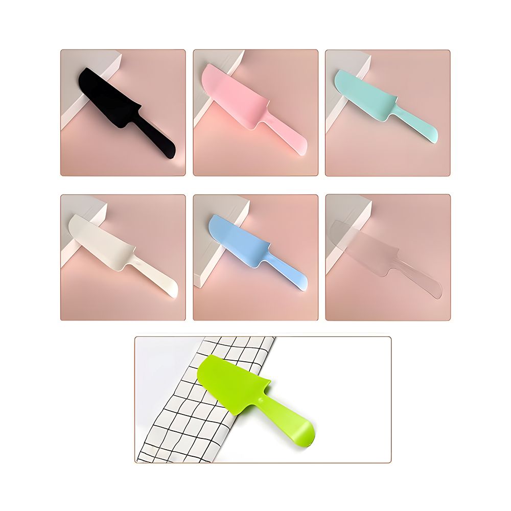 A grid of six pastel and black kitchen knives on pink surfaces, with a single bright green knife on a white and black grid tablecloth below.