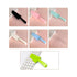 A grid of six pastel and black kitchen knives on pink surfaces, with a single bright green knife on a white and black grid tablecloth below.
