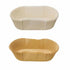 Two disposable paper baking cups displayed together. The cup on the top is white and the cup on the bottom is brown, both with fluted edges. They are oval-shaped and suitable for greaseproof use.