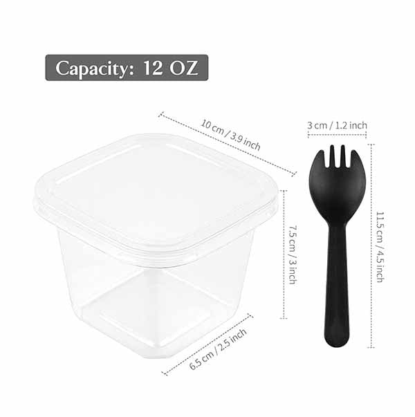 A clear plastic square dessert cup with a lid is shown alongside a black plastic spoon. The cup has a capacity of 12 ounces and dimensions of 10 cm (3.9 inches) by 6.5 cm (2.5 inches) by 7.5 cm (3 inches). The spoon measures 11.5 cm (4.5 inches) in length and 3 cm (1.2 inches) in width.