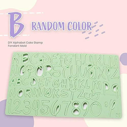 Image of a green silicone mold featuring lowercase letters of the alphabet, along with numbers 0-9. The letters and numbers are designed for use as stamps on cakes or fondant. The top of the image includes the text "B RANDOM COLOR" and "DIY Alphabet Cake Stamp Fondant Mold." The background is light and colorful.
