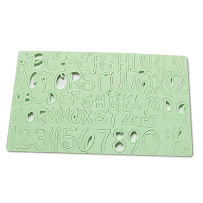 A light green acrylic stamp sheet featuring lowercase letters of the English alphabet, numbers 0 to 9, and a single comma and apostrophe. The letters are arranged in rows, with each character having a cut-out design, making them suitable for stamping.