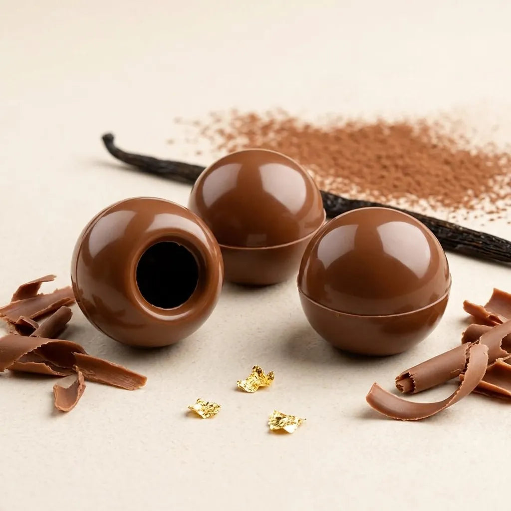 Chocolate truffles with vanilla beans and chocolate shavings on a light background