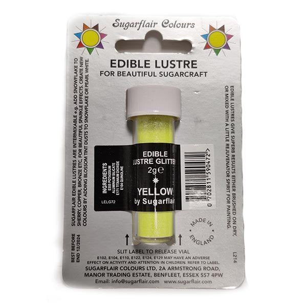 A package of Sugarflair Edible Lustre Glitter in yellow, containing 2g of product. The container is cylindrical with a light purple lid and features a black label stating &