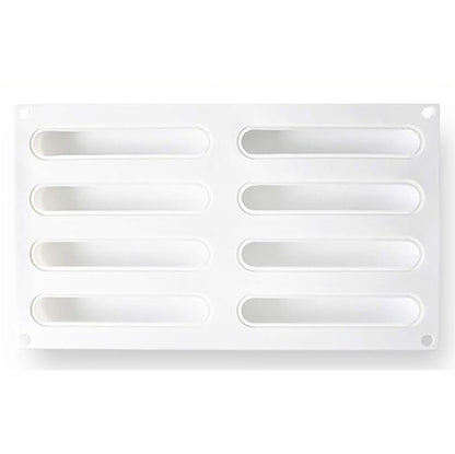 A white silicone mould with eight elongated cavities arranged in two rows. Each cavity has a smooth interior, designed for shaping eclairs or similar pastries. The mould has rounded corners and holes for easy handling.