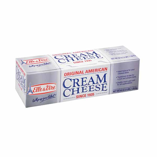 Box of Elle &amp; Vire Original American Cream Cheese, featuring a white and blue design with red accents. The packaging highlights &