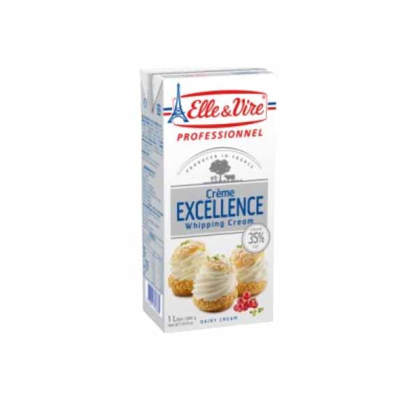 A carton of Elle &amp; Vire whipping cream, labeled &quot;Crème Excellence,&quot; with a capacity of 1 liter. The carton features an image of three decorated dessert cups on the front, and the product indicates a fat content of 35%. The design includes the Eiffel Tower and a blue and red color scheme.