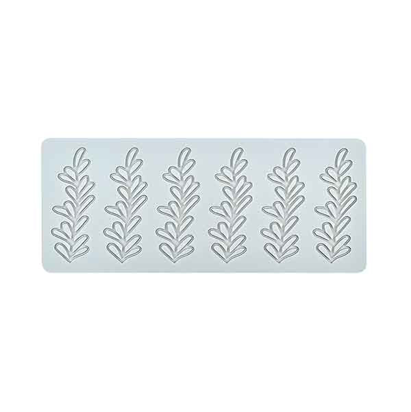 A fine leaves silicone lace mould displayed horizontally, featuring a series of intricately designed leaf patterns arranged in vertical rows. The mould is made of flexible silicone with a smooth surface, suitable for creating decorative edible lace or embellishments. The design emphasizes delicate, overlapping leaf shapes, enhancing versatility for baking or crafting projects.