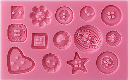 The image displays a pink silicone mould designed for creating button shapes. The mould features various button designs, including round buttons, a star-shaped button, a heart-shaped button, and flower-shaped buttons, each with distinctive patterns. There are also square and oval shapes, all with two or four small holes to resemble classic button features. The overall layout consists of 15 different button designs arranged neatly within the mould.