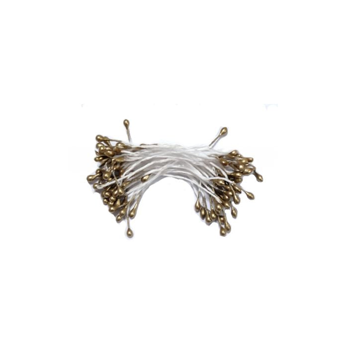 Bundle of metallic brown floral stamens with white stems, fanned out on a white background. The arrangement is orderly, conveying an artistic yet simple design.
