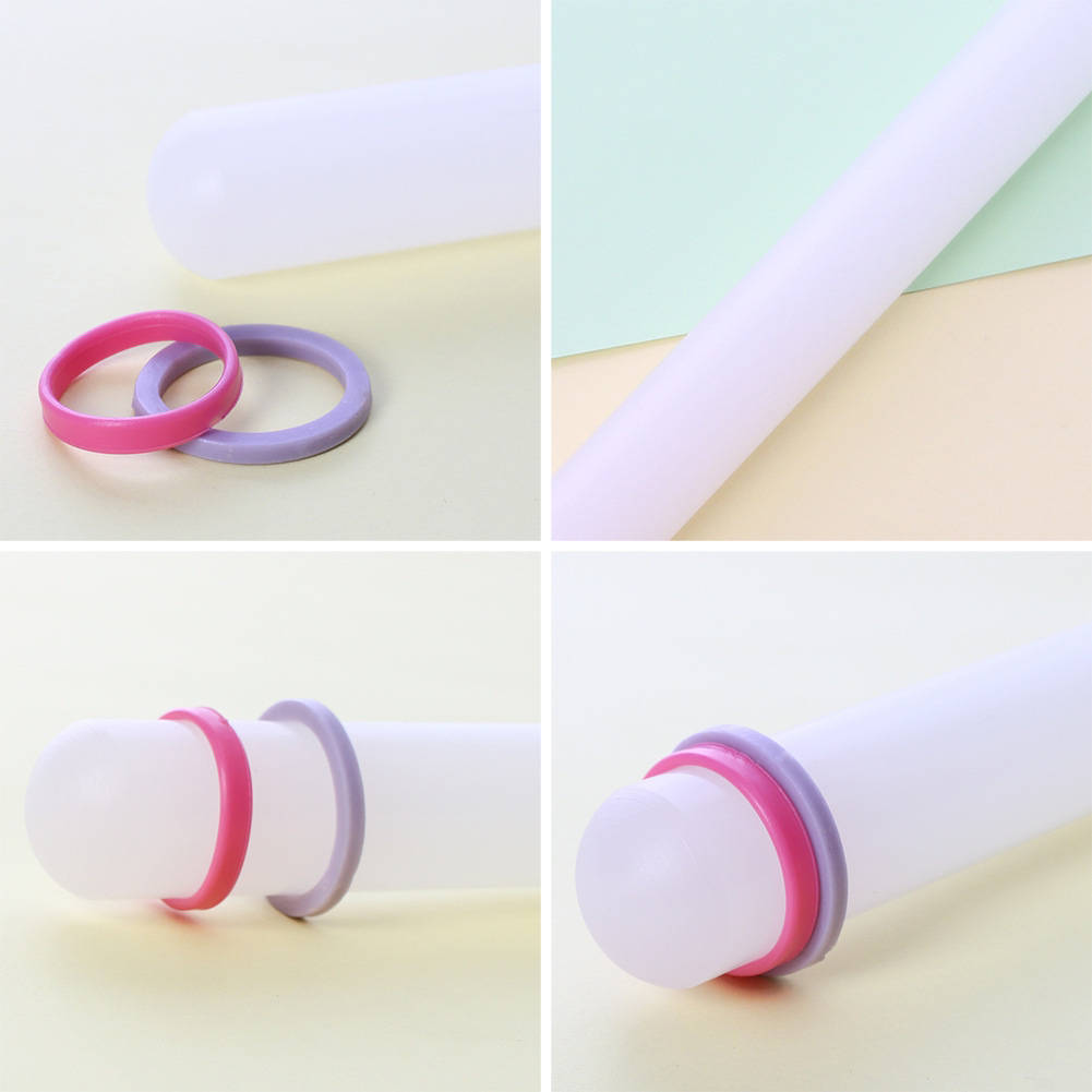 A set of images showing a pink and white fondant rolling pin with and without its pink protective cover.