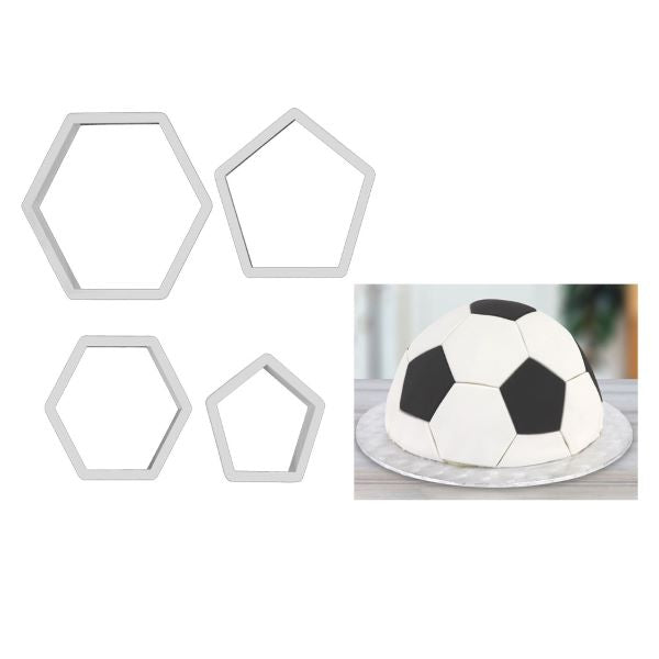 A set of four fondant cutters in various shapes, including two hexagons and two pentagons, is displayed on the left. On the right, a cake shaped like a soccer ball, covered in white and black fondant, is shown on a round cake board. The cake features a smooth, rounded top mimicking a soccer ball&