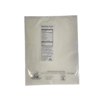 White frosting sheet packaging with nutrition facts label on a white background