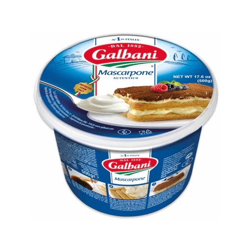 Container of Galbani mascarpone cheese, featuring an image of tiramisu and fresh berries. The packaging is blue and white, labeled "500g."