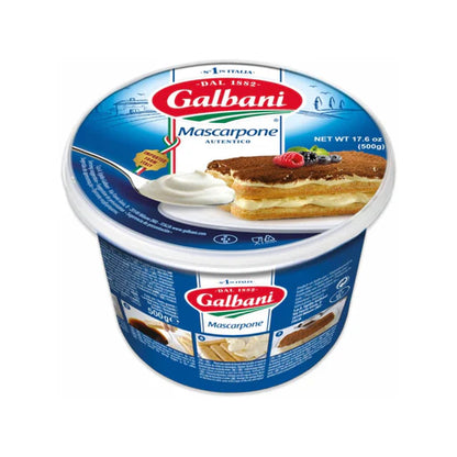 Container of Galbani mascarpone cheese, featuring an image of tiramisu and fresh berries. The packaging is blue and white, labeled "500g."